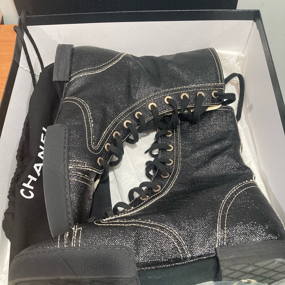 CHANEL Coated Canvas Lace Up Combat Boots 37 Black - Picture 12 of 15